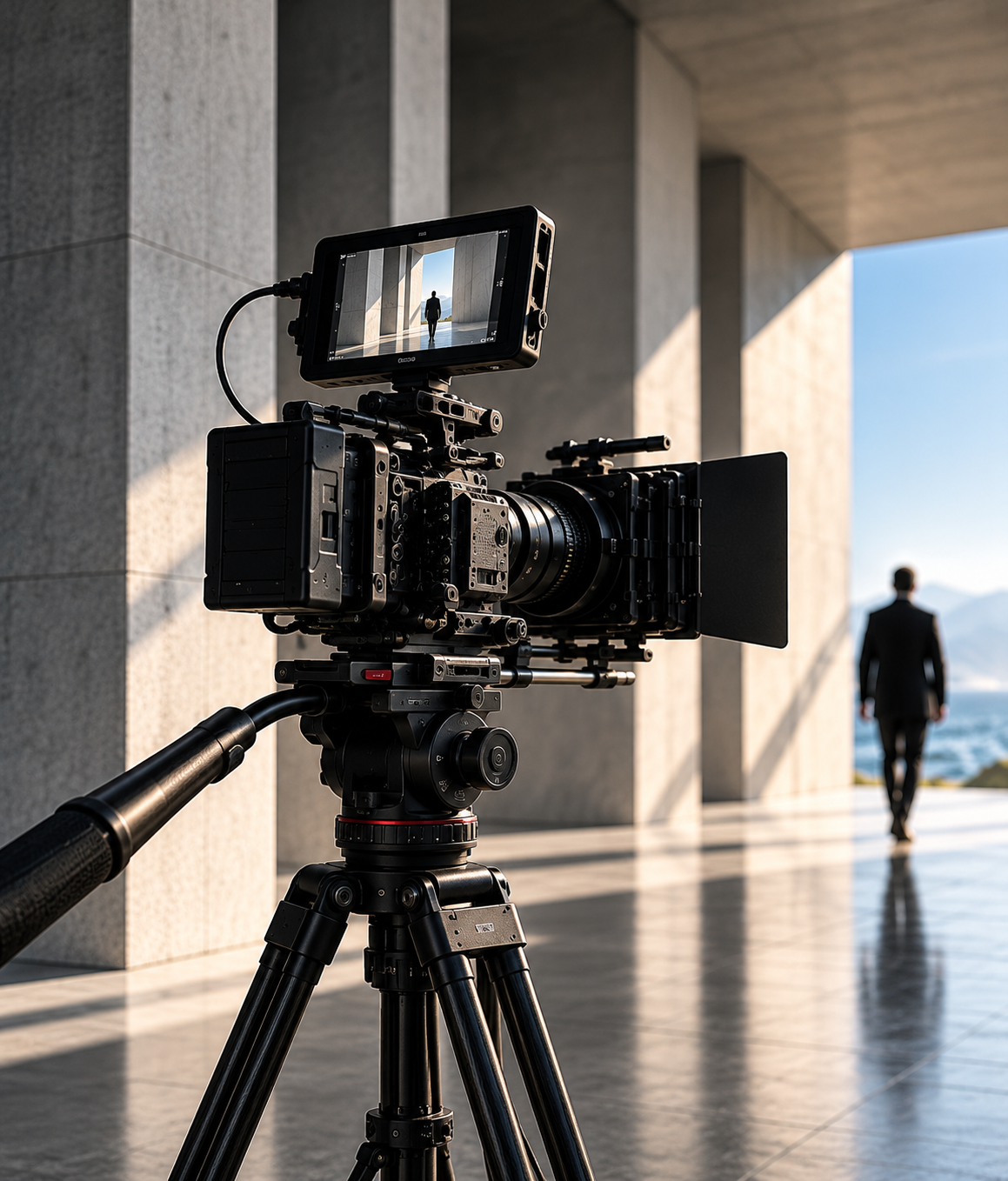 Videocamera cinematografica professionale su treppiede in un'architettura contemporanea luminosa